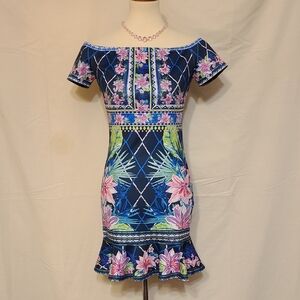 Jealous Tomato Blue Multi-colored Off-the-shoulder Bodycon Dress